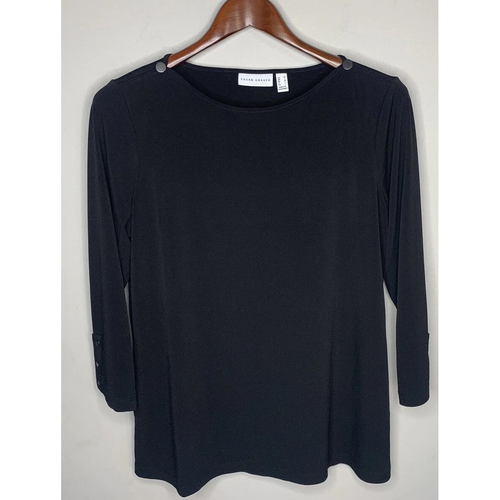 Susan Graver Top Womens M Black Liquid Knit Boat Neck Button Shoulder Versatile
